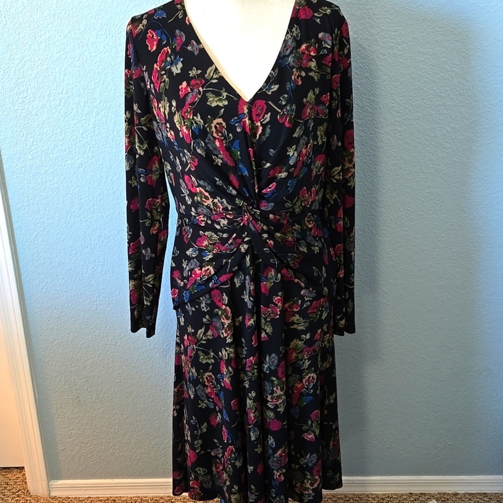 RALPH LAUREN BLACK LABEL Floral Surplice Midi Jersey Dress Sz 12 Vneck - Picture 2 of 14